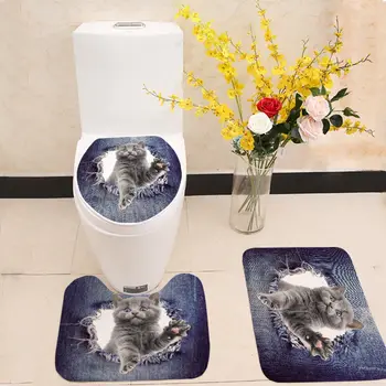 Miracille Blugi Design Decor 3D Drăguț Animal Pisică Câine Tipărite 3PCS Set de Baie anti-alunecare Podea Covoare WC Scaun de Toaleta Mats 