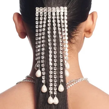 Stras Ciucure Lung Perle Pandantiv Pieptene Coada de cal de Păr Lanț de Bijuterii pentru Femei Strălucitoare de Cristal Nunta Capul Lanțului de articole pentru acoperirea capului 