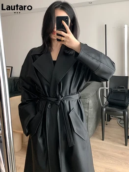 Lautaro de Primăvară de Toamnă Lungă Supradimensionate din Piele Neagră Trench pentru Femei Eșarfe Singur Buton Vrac Elegant de Moda coreeană 2021 