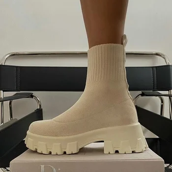Femeie de moda Cizme Tricotate Șosete Cizme Femei cu Talpi Groase Tub Scurt Respirabil Cizme Pantofi Platforma Chaussure Femme Botas 2022 