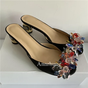 De Lux Cu Margele Colorate Stras Floare Sandale Femei Diamond Toc Înalt Pantofi De Vara Catâri Pentru Fete Lady 