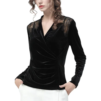 Stil Francez V-Neck Negru Velur Bluza Femei De Pe Umăr Dantelă Brodată Gol Toamna Bottom Top Cu Maneca Lunga Tunica Tricouri 