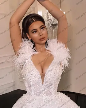 Sexy V-gât Adânc Perle Rochie de Mireasa Cu Pene Shouler 3D Dantelă Florale Lungi Rochii de Mireasa cele mai Noi Dubai Rochie de Mireasa