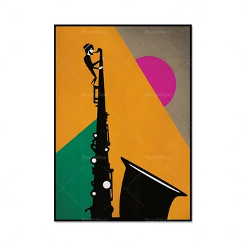 Instrument muzical poster, mic muzicieni care cântau la instrumente puternice. Modern jazz arta de perete. MCM print, galeria art deco c